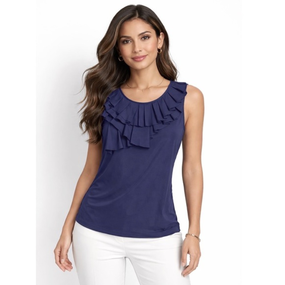 Ann Taylor Navy Blue 100% Silk Ruffle Pleated‎ Collar Sleeveless Blouse M 90-38